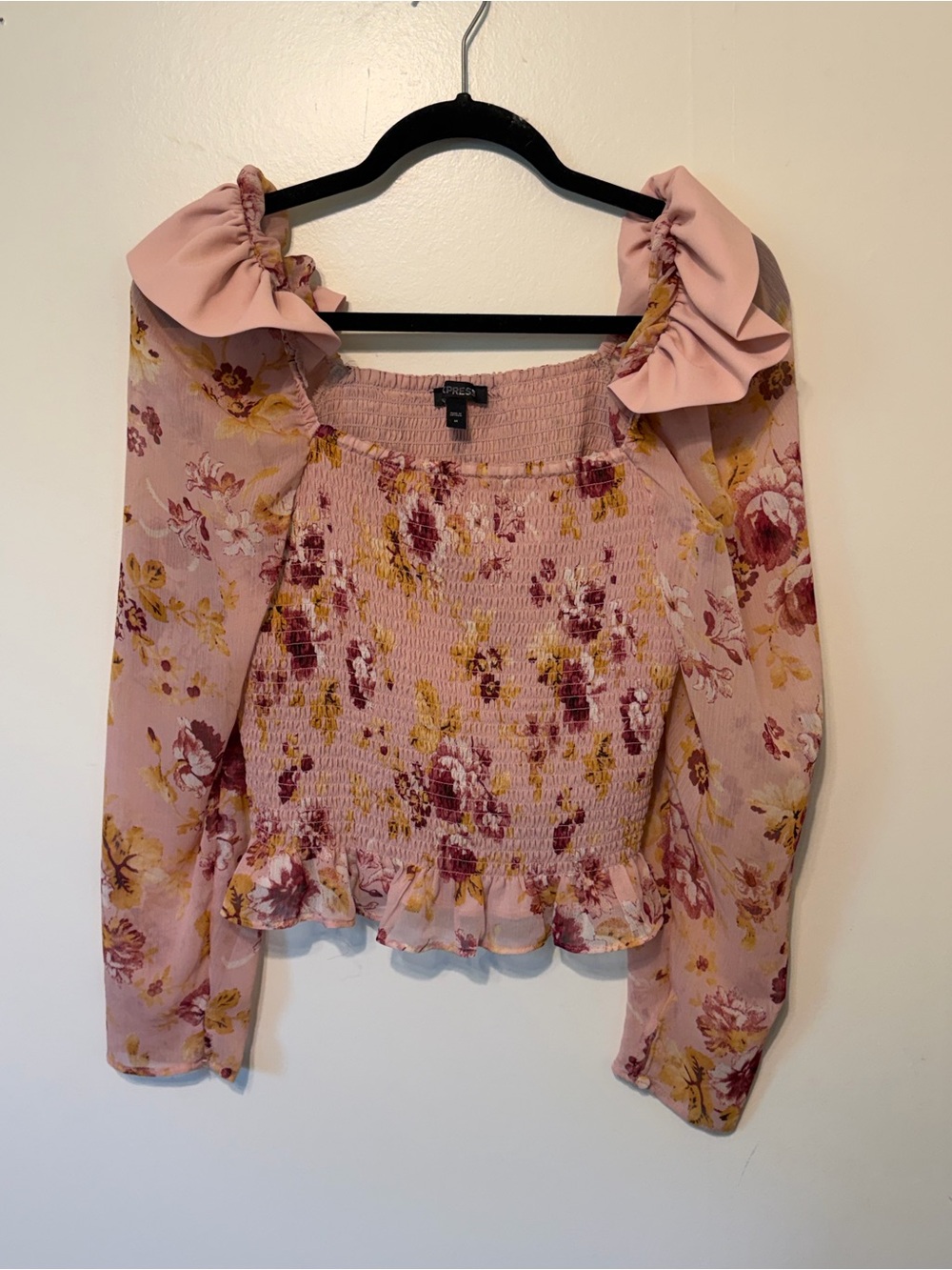 Express Pink Floral Smocked Peasant off/on shoulder Top